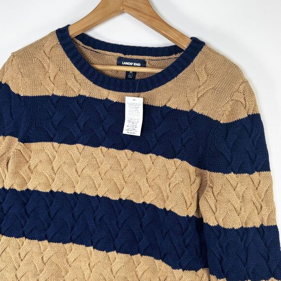 Lands End Women Drifter Sweater Medium Blue Tan Stripe Braided Cable Knit Preppy - Picture 2 of 13
